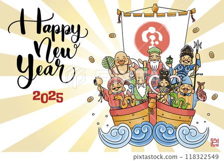 2025蛇年賀年片-簡單可愛寶船上的七福神插畫 118322549