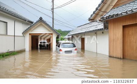 一座城鎮被水淹沒。房屋和汽車都被水淹沒了。 一座城鎮被水淹沒。房屋和汽車都被水淹沒了。 118322637