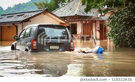 一座城鎮被水淹沒。房屋和汽車都被水淹沒了。 118322638