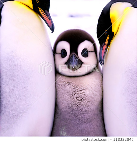 Adorable emperor penguin Aptenodytes forsteri chicks huddled together fluffy gray down cute faces Animal photography 118322845