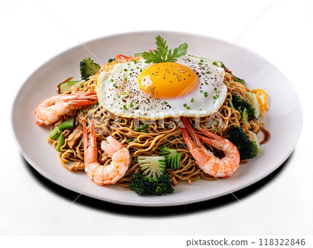 Mie Goreng Stir fried yellow noodles with shrimp chicken and vegetables tossed in savory sweet 118322846