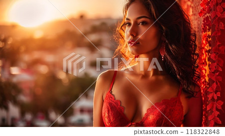 Fiery Latina woman red lace lingerie warm sunset hues backdrop Latin passion happy 118322848