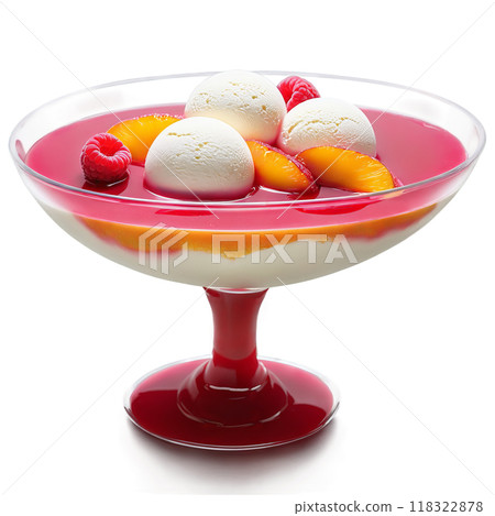 Peach melba poached peach halves raspberry sauce vanilla ice cream in a clear glass dish 118322878