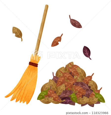 A pile of dead leaves and a broom - watercolor-style hand-drawn illustration A pile of dead leaves and a broom - watercolor-style hand-drawn illustration 118323966