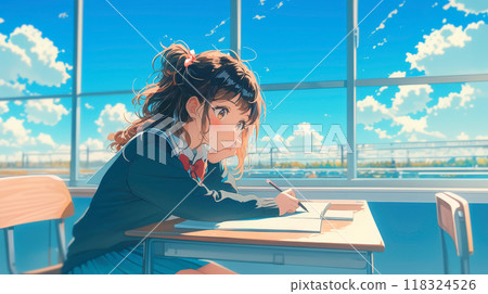 在教室和藍天裡學習的女孩 118324526