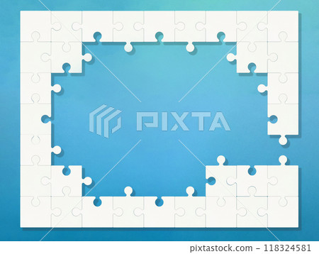 A rectangular frame made of solid white puzzle pieces on a blue gradient background A rectangular frame made of solid white puzzle pieces on a blue gradient background 118324581
