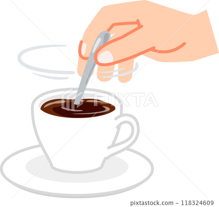 Hands stirring the contents of a coffee cup with a spoon 118324609