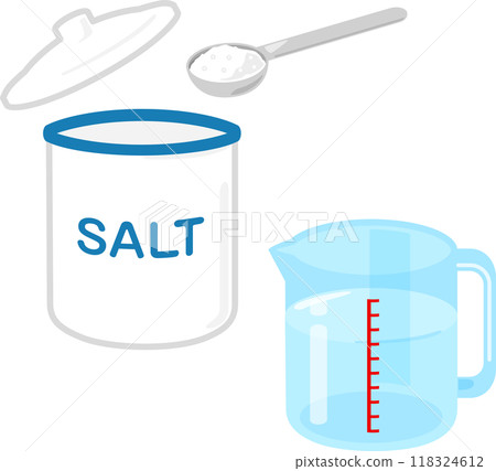 Salt scooped into a measuring spoon and water in a measuring cup Salt scooped into a measuring spoon and water in a measuring cup 118324612