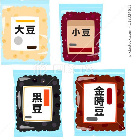 Bags of soybeans, red beans, black beans, and kidney beans 118324613