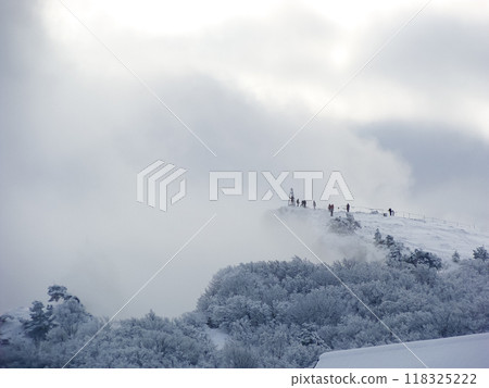 Winter landscape on the top of the mountain. Trees in the snow. Nature background. North Pole Winter landscape on the top of the mountain. Trees in the snow. Nature background. North Pole 118325222