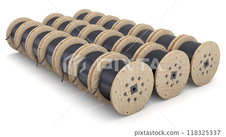 Wooden cable drums on white background - 3D illustration Wooden cable drums on white background - 3D illustration 118325337
