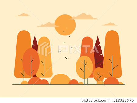 Nature landscape in simple style vector background. Autumn trees, forest and flying birds. Simple style design Nature landscape in simple style vector background. Autumn trees, forest and flying birds. Simple style design 118325570