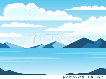 Blue landscape with sea and vessels vector illustration. Seaside with mountains. Scandinavian nature Blue landscape with sea and vessels vector illustration. Seaside with mountains. Scandinavian nature 118325574