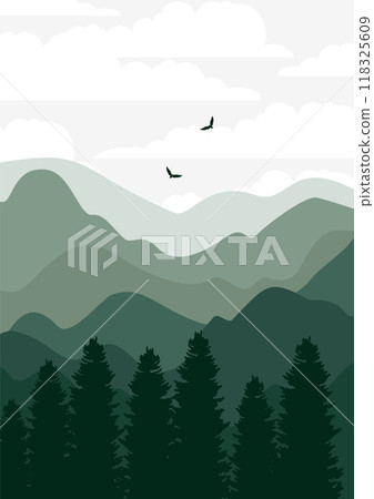 Silhouette of pine tree forest in the mountains. Aesthetic green landscape 2d illustration Silhouette of pine tree forest in the mountains. Aesthetic green landscape 2d illustration 118325609