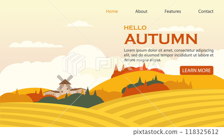 Hello autumn harvesting vector banner. Decorative autumn thanksgiving illustration, red-yellow trees 118325612