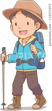 Cartoon character of hiker boy with backpack and walking pole. 118325973