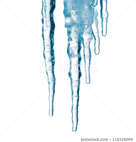 Close-up of icicles hanging from a surface, isolated on a transparent background. Symbolizes cold, winter, and frozen water. Perfect for winter projects, seasonal decorations. 118326004