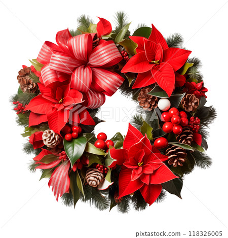 Christmas wreath with red bows, ornaments, pine cones, and berries, isolated on a transparent background. Symbolizes the festive atmosphere and decor for Christmas and New Year celebrations 118326005