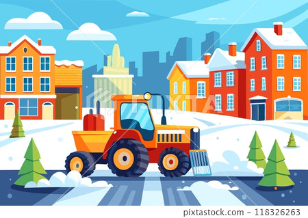 Tractor, snowplow clears city streets from snow 118326263