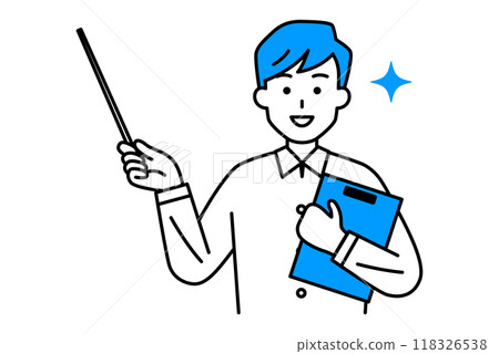 一個休閒男子拿著剪貼板和指令棒並解釋 118326538