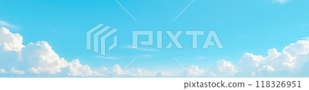 Panoramic sky banner, blue clear day, white fluffy clouds, wide horizon, serene atmosphere, peaceful background, expansive overhead view, nature beauty Panoramic sky banner, blue clear day, white fluffy clouds, wide horizon, serene atmosphere, peaceful background, expansive overhead view, nature beauty 118326951