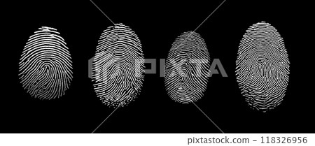 Fingerprint set isolated black background unique identification security forensic detail biometric data analysis individuality access control crime investigation safety verification pattern texture 118326956