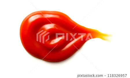 red tomato ketchup stroke on pristine white backdrop, bold color contrast with fluid dynamic motion effect, minimalist culinary topping depiction, perfect for clean design project 118326957