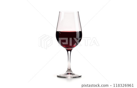 Red wine in elegant glass centered on white background, moderate pour, clear stemware for dining and celebration imagery Red wine in elegant glass centered on white background, moderate pour, clear stemware for dining and celebration imagery 118326961