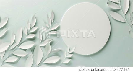 Elegant Minimalist banner - White Leaves, empty Circle podium on Soft Green Background 118327135