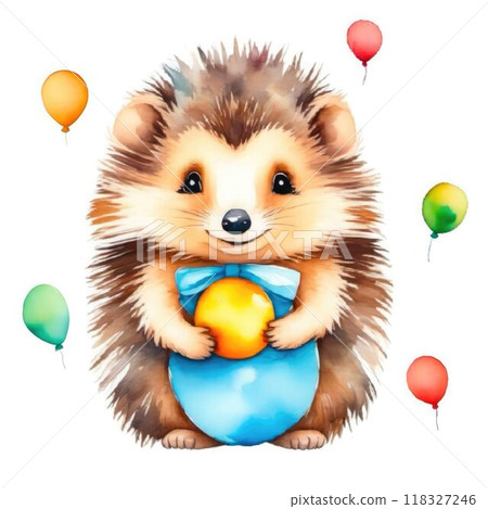 A delightful hedgehog stands with a golden ball in its paws while colorful balloons float nearby, creating a joyful and playful atmosphere perfect for kids themes. 118327246