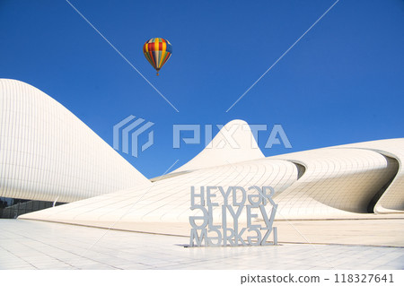 Balloons floating above the Heydar Aliyev Center Balloons floating above the Heydar Aliyev Center 118327641