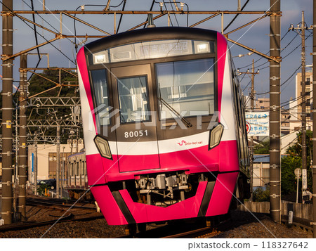 Shin-Keisei Electric Railway 80000 series train running on the Shin-Keisei Line early in the morning Shin-Keisei Electric Railway 80000 series train running on the Shin-Keisei Line early in the morning 118327642