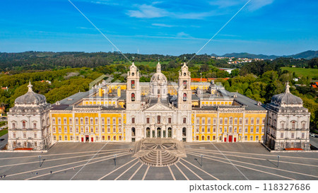 Aerial view of the Palace of Mafra. Unesco world heritage in Portugal. Aerial top view of the Royal Convent and Palace of Mafra, baroque and neoclassical palace. Drone view of a historic castle. Aerial view of the Palace of Mafra. Unesco world heritage in Portugal. Aerial top view of the Royal Convent and Palace of Mafra, baroque and neoclassical palace. Drone view of a historic castle. 118327686