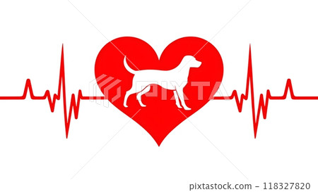 Image of a pulsating heart in bright red color with a graceful and elegant silhouette of a dog against an ECG line. 118327820