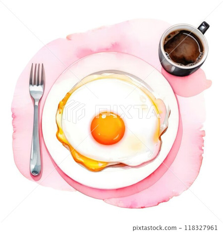 A hearty breakfast setup showcases a perfectly cooked sunny side up egg on a pink plate, accompanied by a steaming cup of black coffee and a silver fork, creating a delightful morning scene. 118327961