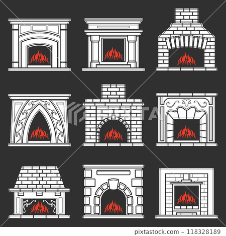 Set of furnace silhouette icon. Fireplace sign. Vector illustration. For web and mobile, modern minimalistic flat design. Set of furnace silhouette icon. Fireplace sign. Vector illustration. For web and mobile, modern minimalistic flat design. 118328189