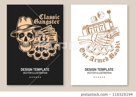 Set of gangster design. Vintage print, logo, badge design with retro car, poker playing card, casino chips, slot machines, two dice, knuckle, gun and guitar. Vector illustration. 118328194