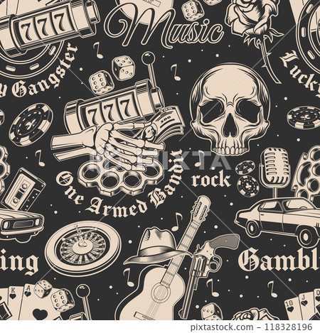 Gangster seamless pattern. Vector illustration. Vintage monochrome label, sticker, patch with gangster, gun, slot machines, two dice, poker playing card and skull silhouettes. Gangster seamless pattern. Vector illustration. Vintage monochrome label, sticker, patch with gangster, gun, slot machines, two dice, poker playing card and skull silhouettes. 118328196