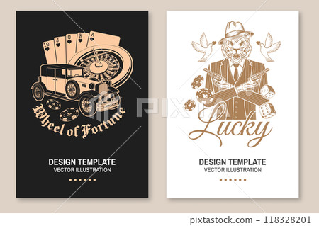 Wheel of Fortune and Lucky poster. Gambling vintage print, logo, badge design with retro car, poker playing card, casino chips, classic casino play-roulette. Vector illustration. Wheel of Fortune and Lucky poster. Gambling vintage print, logo, badge design with retro car, poker playing card, casino chips, classic casino play-roulette. Vector illustration. 118328201