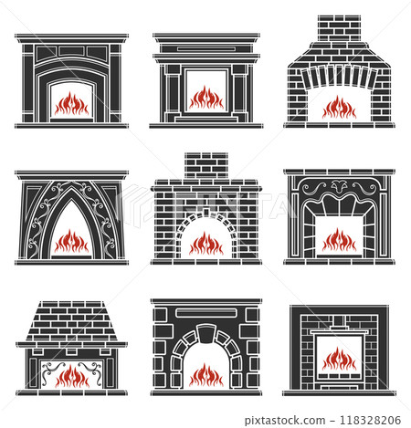 Set of furnace silhouette icon. Fireplace sign. Vector illustration. For web and mobile, modern minimalistic flat design. 118328206