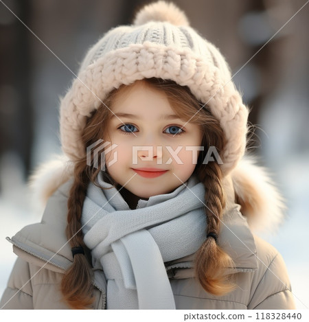 Happy little girl in a winter coat and a pom pom hat standing outside in a snowy forest. Portrait of a small girl in a winter jacket smiling and looking at the camera. Cheerful child in winter clothes 118328440