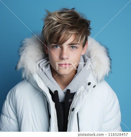 Teenage boy in a white winter coat. Studio portrait of a teenager in a winter jacket smiling on a blue background looking at the camera. Happy european young adult wearing warm winter clothes. 118328457