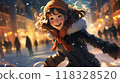 Beautiful fantasy illustration of a girl ice skating on a cold winter day. Closeup portrait of a happy young girl ice skating on a frozen lake. Art of an attractive young lady on an ice skating ring. 118328520
