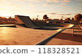 3d render of a new modern skatepark. Concept of a skate park for teens. Place for youngsters to meet up. Modern sports. Skating park on a nice summer day. 118328521