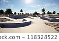 3d render of a new modern skatepark. Concept of a skate park for teens. Place for youngsters to meet up. Modern sports. Skating park on a nice summer day. 118328522