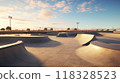 3d render of a new modern skatepark in the city. Concept of a skate park for teens. Place for youngsters to meet up. Modern sports. Cool new skating park on a nice summer day. 118328523