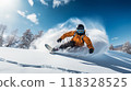 Professional Alpine skier going down a mountain. Cool shot of a pro snowboarder making turns as he goes down a ski slope. Dangerous winter sport. Extreme winter sports. 118328525