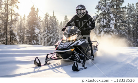 A man riding on a snowmobile through a snowy forest on a sunny winter day. Guy riding outside on a cold winter day. A man is riding on a snow mobile in a snowy forest. 118328526