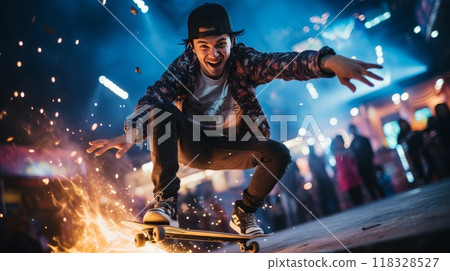 Cool young guy performing a nice skate trick at a party. Fire skateboard stunt. Teen at a party doing tricks on his skate board. University life. 118328527