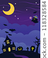Cute Halloween night, crescent moon and starry sky, city silhouette, illustration (vertical) 118328584